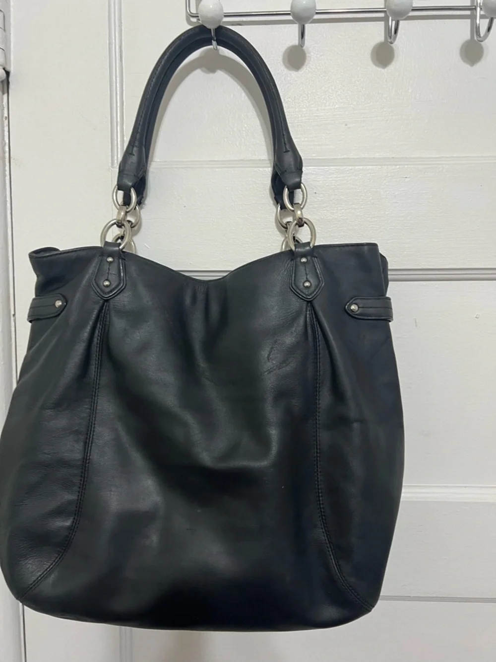 Coach Black Leather Tote with Silver-Tone Hardware